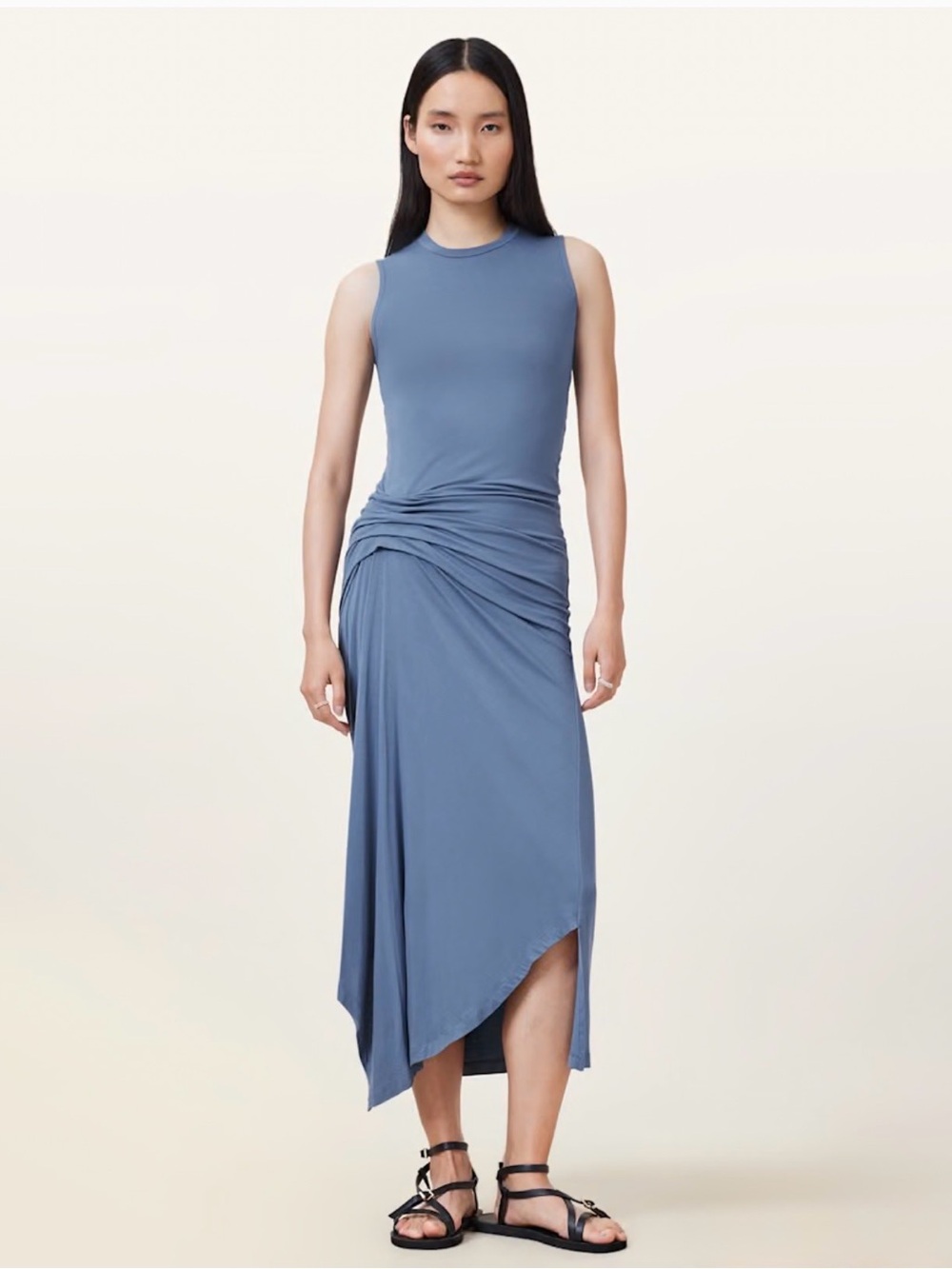 All Saints Slate Blue Sleeveless High-Low Draped Dress